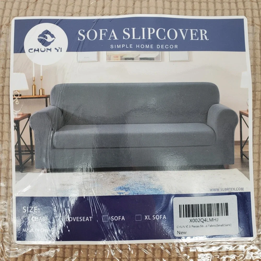 Subrtex Chun Yi Chair Sofa Slipcover 3 Piece Stretch Sand‎ Checkered Small New